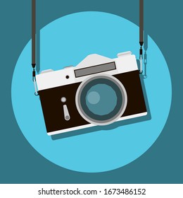 Retro camera in a flat style on a colored background. Old camera with strap. Vintage film camera. Vector illustration