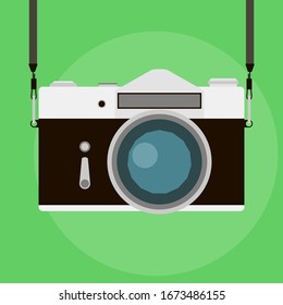 Retro camera in a flat style on a colored background. Old camera with strap. Vintage film camera. Vector illustration