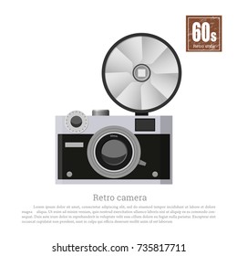 Retro camera in flat style on white background. Equipment of photographer. Technologies of 60s. Vintage gray photocamera. Vector illustration