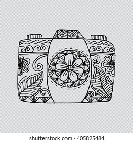 Retro Camera with floral. Doodle style illustration.