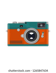 retro camera with green-orange body on white background