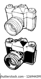 Retro camera in hand-drawn style and in classic vector style.