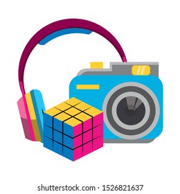 retro camera with headphones and scramble cube over white background, vector illustration