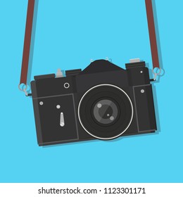 Retro camera hung. Vintage, old, antique photocamera with strap. Vector illustration