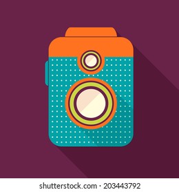 Retro camera icon. Background with old camera. Flat design, long shadows. Vector illustration.