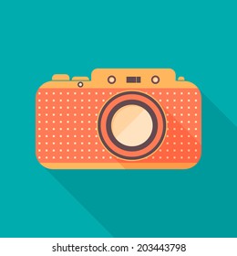 Retro camera icon. Background with old camera. Flat design, long shadows. Vector illustration.