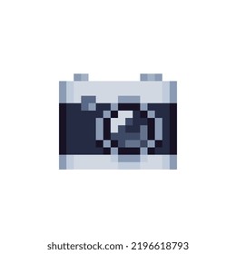 Retro camera icon. Pixel art flat style. Web site design. 8-bit sprite. Isolated abstract vector illustration. 