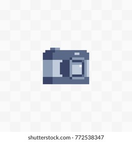 Retro camera icon. Pixel art flat style. Web site design. 8-bit sprite. Isolated abstract vector illustration. 