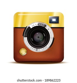 Retro Camera Icon Vektorgrafik. Detaillierte Vektorgrafik mit braunem Leder überdeckte Retro-Sucher-Kamera einzeln auf weißem Hintergrund
