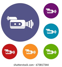 Retro camera icons set in flat circle reb, blue and green color for web