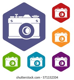 Retro camera icons set rhombus in different colors isolated on white background