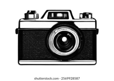 Retro camera illustration in black and white halftone style. Ideal for vintage-themed designs, photography concepts, posters, logos, and creative projects.