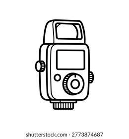 Retro camera illustration with black and white line art style featuring a vintage design with a prominent flash and detailed dials conveying a timeless and nostalgic photography theme