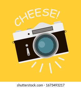Retro camera and the inscription "Cheese!". Photography poster with vintage camera and text "Cheese!". Vector illustration