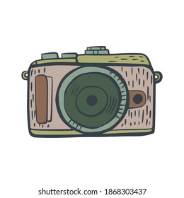 Retro camera isolated with big lens on white background. Classic hand drawn illustration camera. Doodle vector illustration.