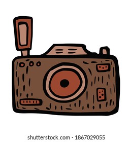 Retro camera isolated on white background. Hand drawn vintage icon photo camera. Doodle vector illustration.