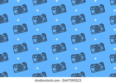retro camera with light doodle pattern on blue background for packaging and merchandise. vintage photography engraving seamless pattern background. hand drawn photo gear motif wallpaper design
