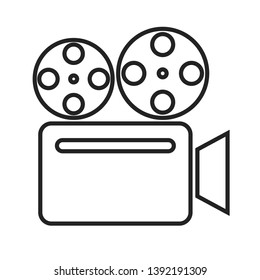 Retro camera linear icon. Silent movie shooting. flimmaking, cameraman equipment isolated vector outline illustration. Cinematography, entertainment industry symbol line art