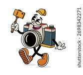 Retro Camera Mascot Taking a Selfie with a Smartphone