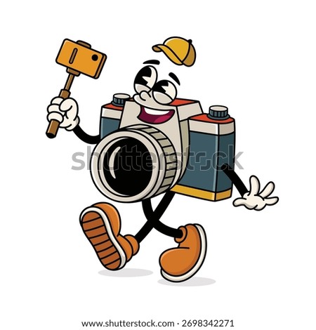 Retro Camera Mascot Taking a Selfie with a Smartphone