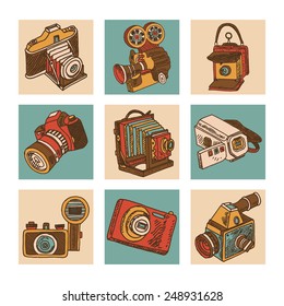 Retro camera mechanical photo apparatus sketch icons set isolated vector illustration