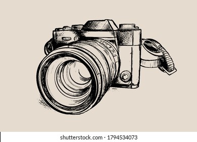 retro camera in modern style, sketch illustration hand drawing engraving, doodle lines, vector image system camera