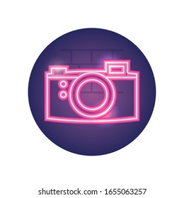 retro camera neon style icon device design, Gadget technology photography equipment digital photo focus and electronic theme Vector illustration