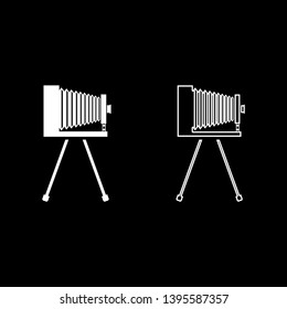 Retro camera on tripod Vintage analog film camera Old photo camera icon outline set white color vector