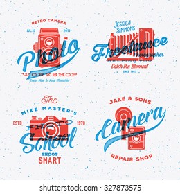 Retro Camera Photography Vector Labels or Logos with Vintage Typography. Shabby Textures. Textured Background.