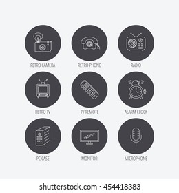 Retro camera, radio and phone call icons. Monitor, PC case and microphone linear signs. TV remote, alarm clock icons. Linear icons in circle buttons. Flat web symbols. Vector