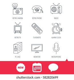 Retro camera, radio and phone call icons. Monitor, PC case and microphone linear signs. TV remote, alarm clock icons. New tag, speech bubble and calendar web icons. Vector