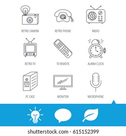 Retro camera, radio and phone call icons. Monitor, PC case and microphone linear signs. TV remote, alarm clock icons. Light bulb, speech bubble and leaf web icons. Vector