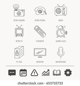 Retro Camera, Radio And Phone Call Icons. Monitor, PC Case And Microphone Linear Signs. TV Remote, Alarm Clock Icons. Education Book, Graph Chart And Chat Signs. Vector