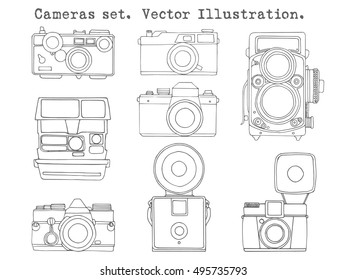 Retro camera set. Hand drawn vintage photocameras set in simple style. Vector illustration .