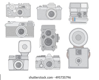 Retro camera set. Hand drawn vintage photocameras set in simple style. Vector illustration.