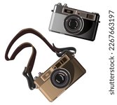 Retro camera set in vector illustration. The camera has brown and black colors on a white background. Realistic camera. Camera on a strap and without
