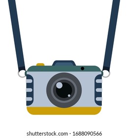 Retro camera with strap in flat style. Vintage vector illustration on white background