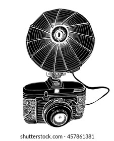 Retro camera. Stylized camera. Line art. Black and white drawing by hand. Graphic arts. Doodle. Tattoo.