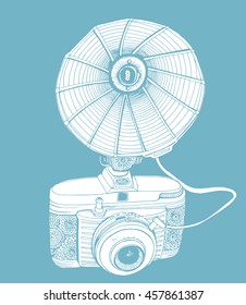 Retro camera. Stylized camera. Line art. Black and white drawing by hand. Graphic arts. Doodle. Tattoo.