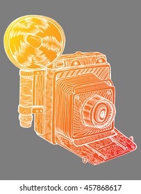 Retro camera. Stylized camera. Line art. Black and white drawing by hand. Graphic arts. Doodle. Tattoo.