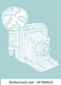 Retro camera. Stylized camera. Line art. Black and white drawing by hand. Graphic arts. Doodle. Tattoo.