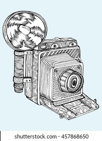 Retro camera. Stylized camera. Line art. Black and white drawing by hand. Graphic arts. Doodle. Tattoo.