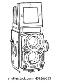 Retro camera. Stylized camera. Line art. Black and white drawing by hand. Graphic arts. Doodle. Tattoo.