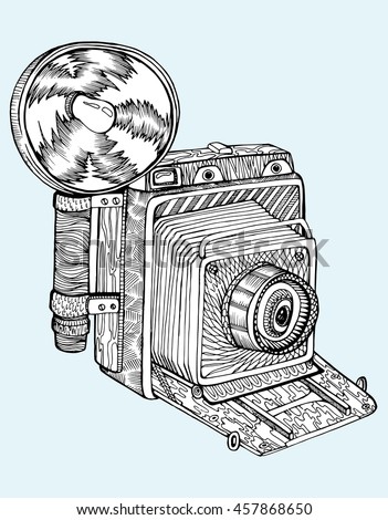Retro camera. Stylized camera. Line art. Black and white drawing by hand. Graphic arts. Doodle. Tattoo.