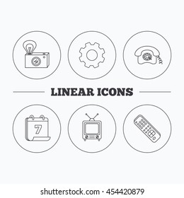 Retro camera, TV remote and phone call icons. Vintage TV linear sign. Flat cogwheel and calendar symbols. Linear icons in circle buttons. Vector