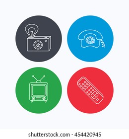 Retro camera, TV remote and phone call icons. Vintage TV linear sign. Linear icons on colored buttons. Flat web symbols. Vector