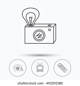 Retro camera, TV remote and phone call icons.