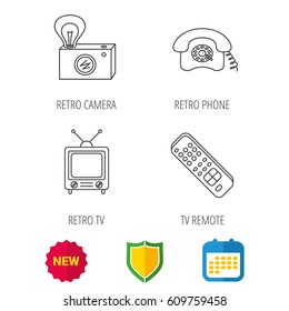 Retro camera, TV remote and phone call icons. Vintage TV linear sign. Shield protection, calendar and new tag web icons. Vector