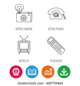 Retro camera, TV remote and phone call icons. Vintage TV linear sign. Award medal, growth chart and opened book web icons. Download arrow. Vector