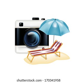 retro camera and vacation icon isolated on white